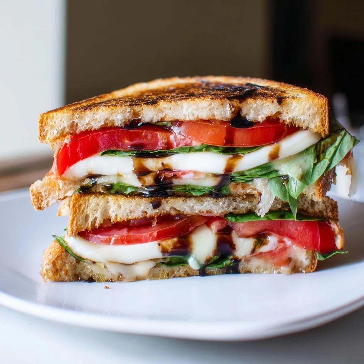 Golden-brown Caprese Salad Grilled Cheese with melted cheese oozing between toasted bread, garnished with fresh basil.