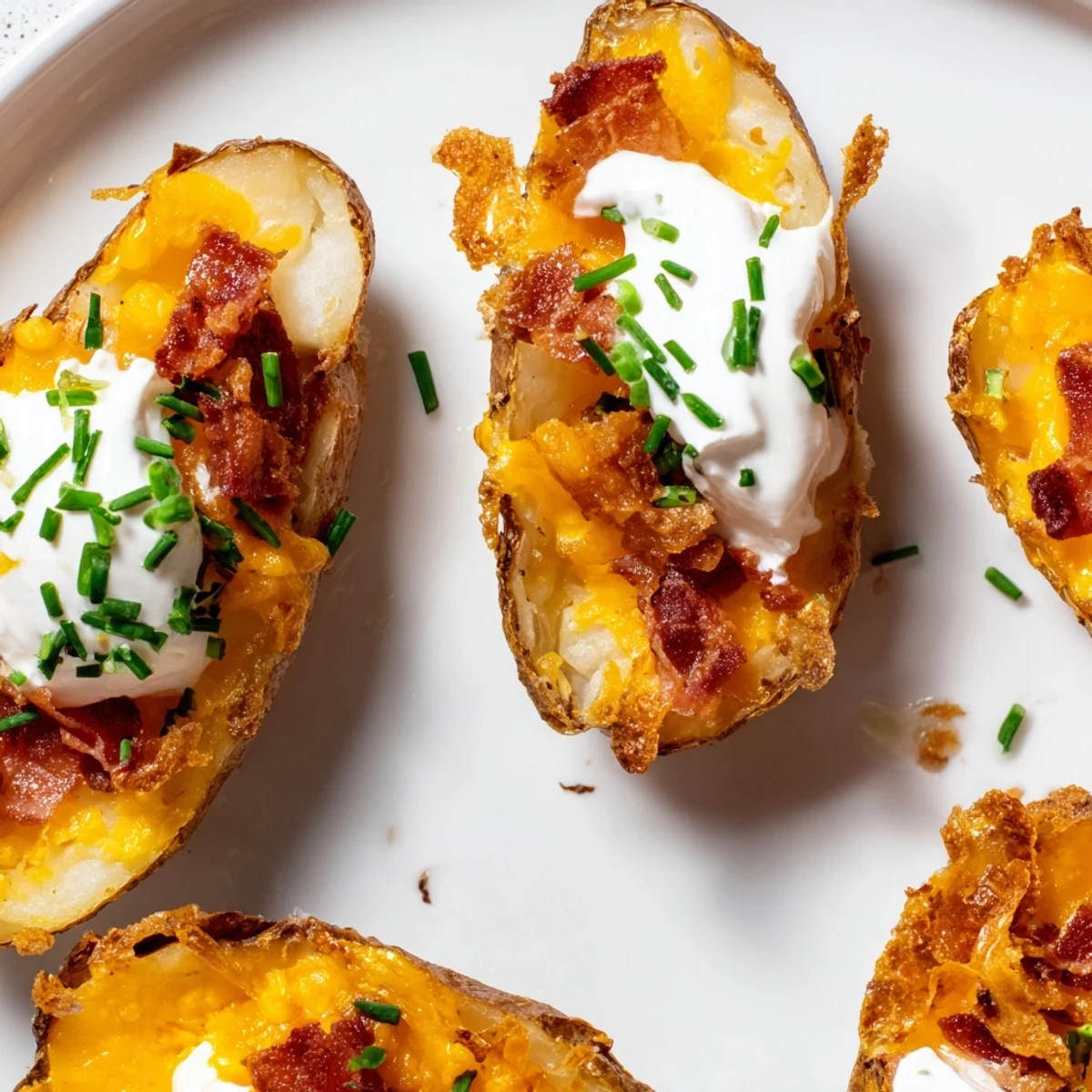 Golden, crispy Loaded Baked Potato Skins, generously filled with melted cheddar and crumbled bacon.