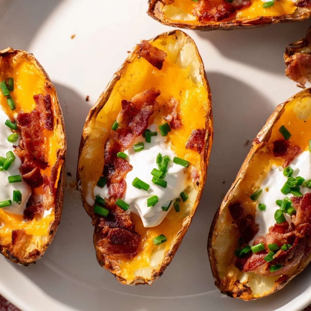 A close-up of delicious Loaded Baked Potato Skins, topped with sour cream and fresh chives, ready to eat.