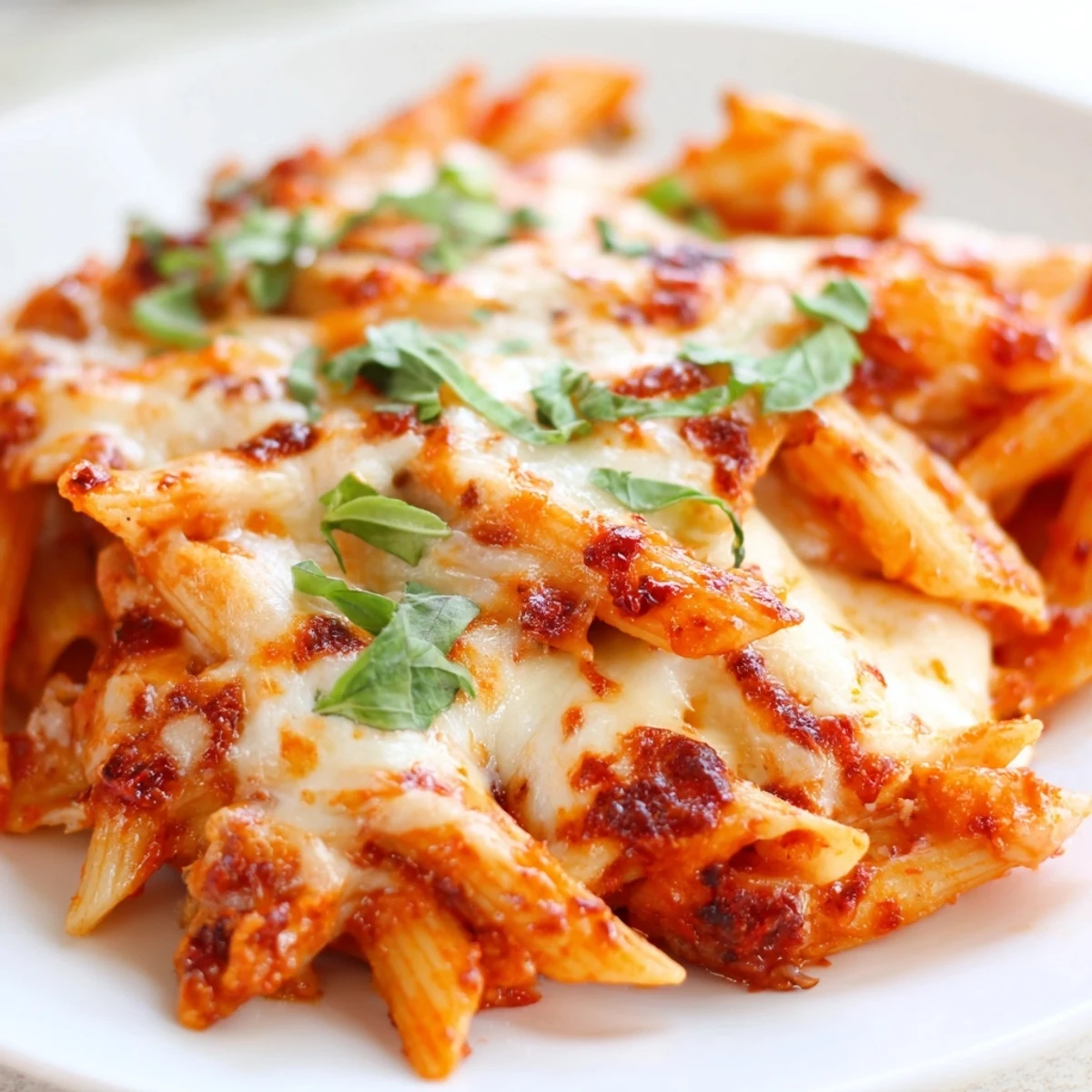 Golden, bubbly Baked Penne Arrabbiata, a comforting vegetarian pasta bake, fresh from the oven.