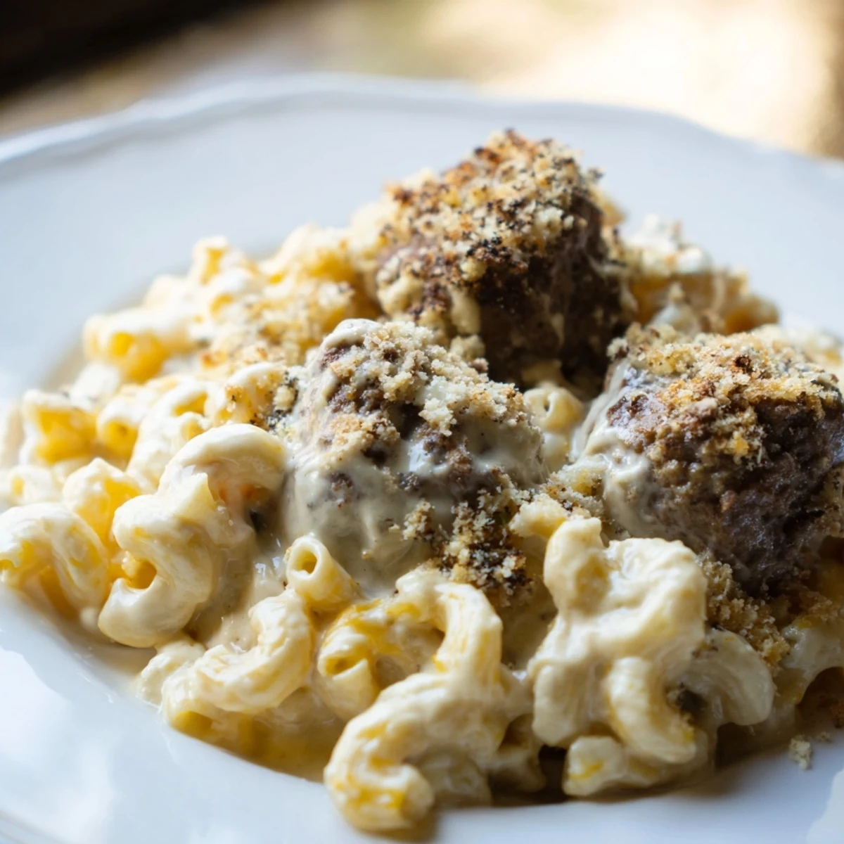 A close-up of a cheesy Mac & Cheese Meatball Bake, topped with crispy breadcrumbs and parsley.
