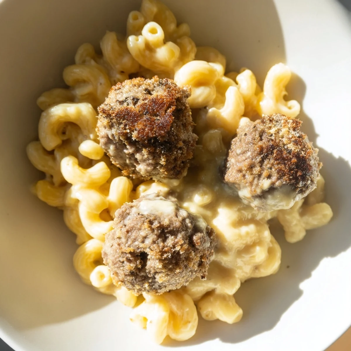 Golden brown Mac & Cheese Meatball Bake, bubbling hot, ready for a comforting family meal.