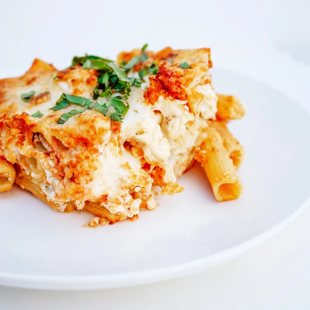 Golden, bubbly Cheesy Baked Ziti fresh from the oven, ready to serve and enjoy.
