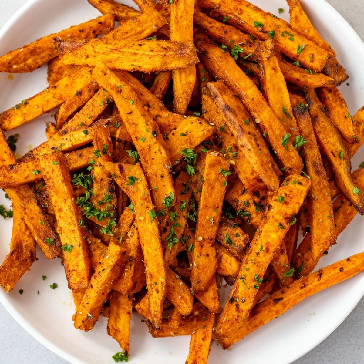 A close-up of beautifully seasoned Cajun Spiced Sweet Potato Fries, their spicy aroma enticing the tastebuds.