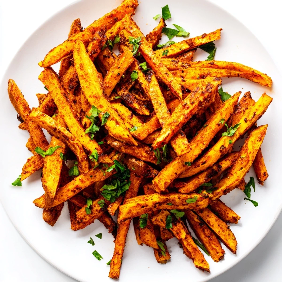 Air-fried Cajun Spiced Sweet Potato Fries glistening from oil, a flavorful side dish, lightly sprinkled.