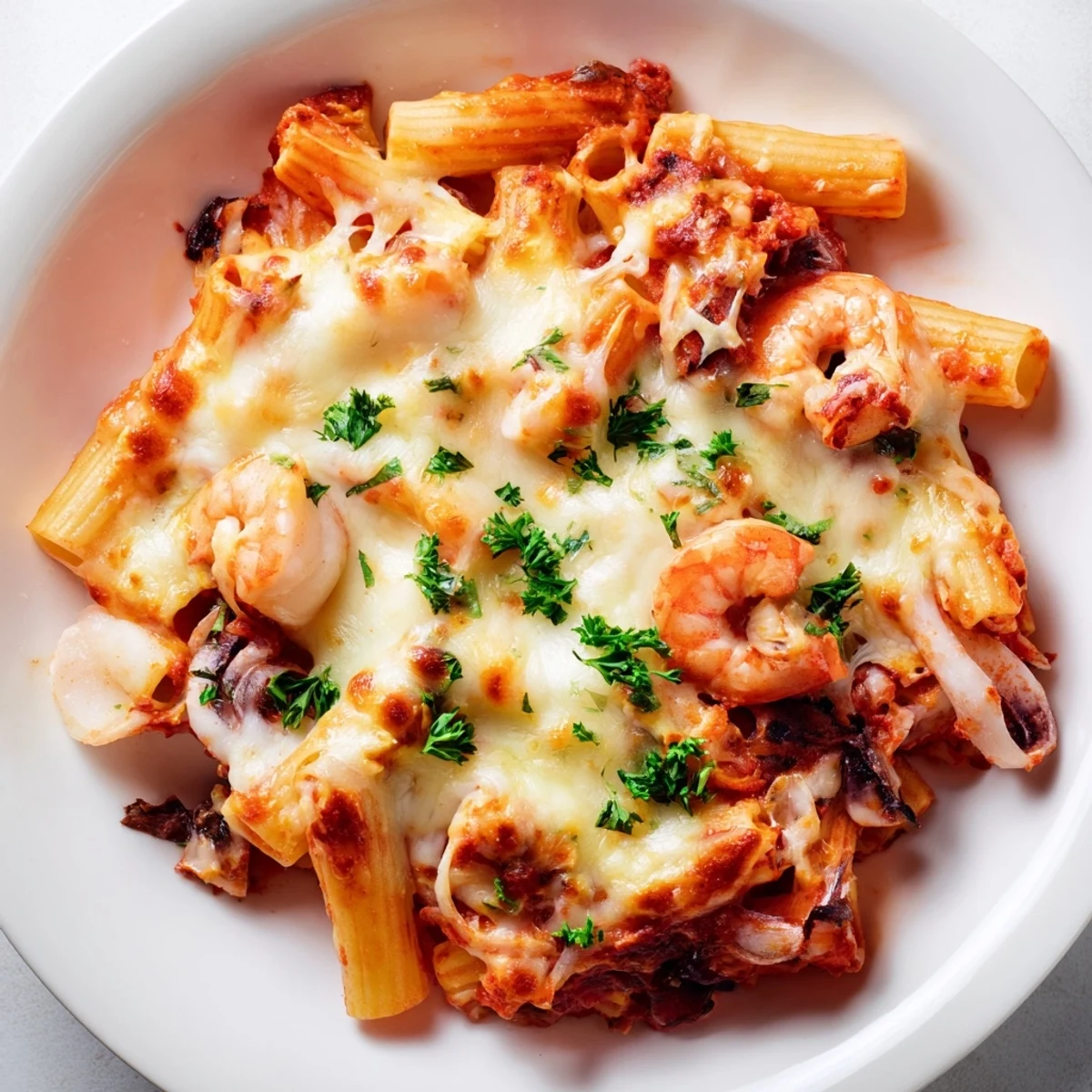 Golden, bubbly Seafood Pasta Bake with perfectly melted cheese, a comforting baked Italian dish.