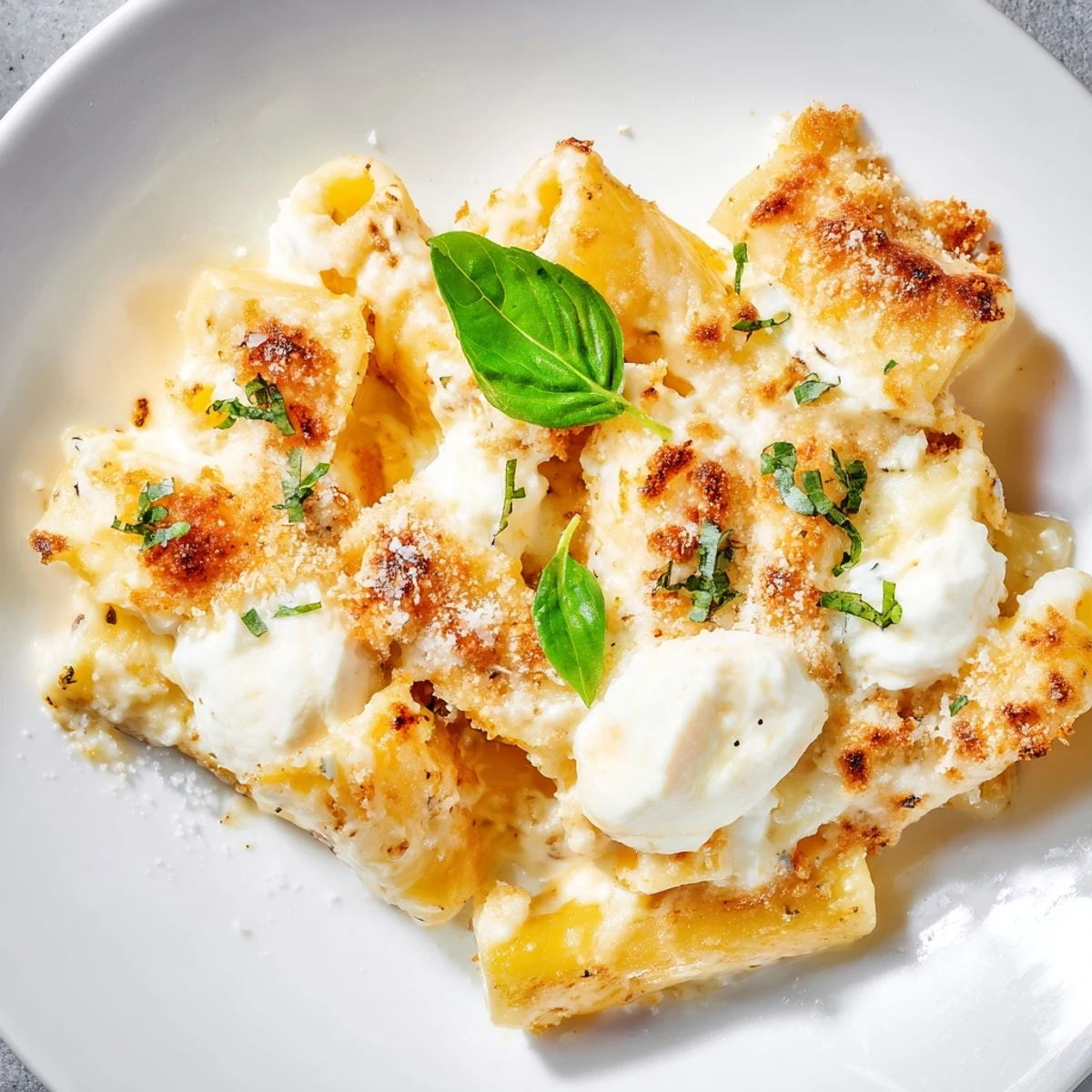 A comforting, creamy close-up of Four Cheese Baked Pasta featuring melted cheeses and flavorful sauce.