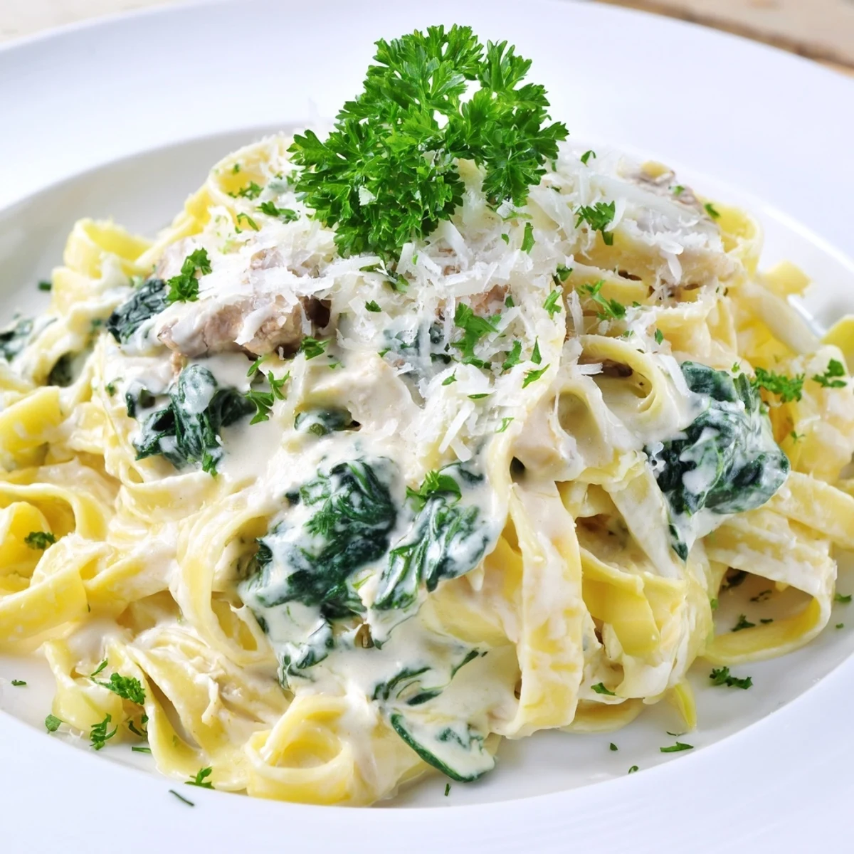 Steaming plate of Creamy Spinach Fettuccine Alfredo, a comforting Italian pasta dish, ready to savor.