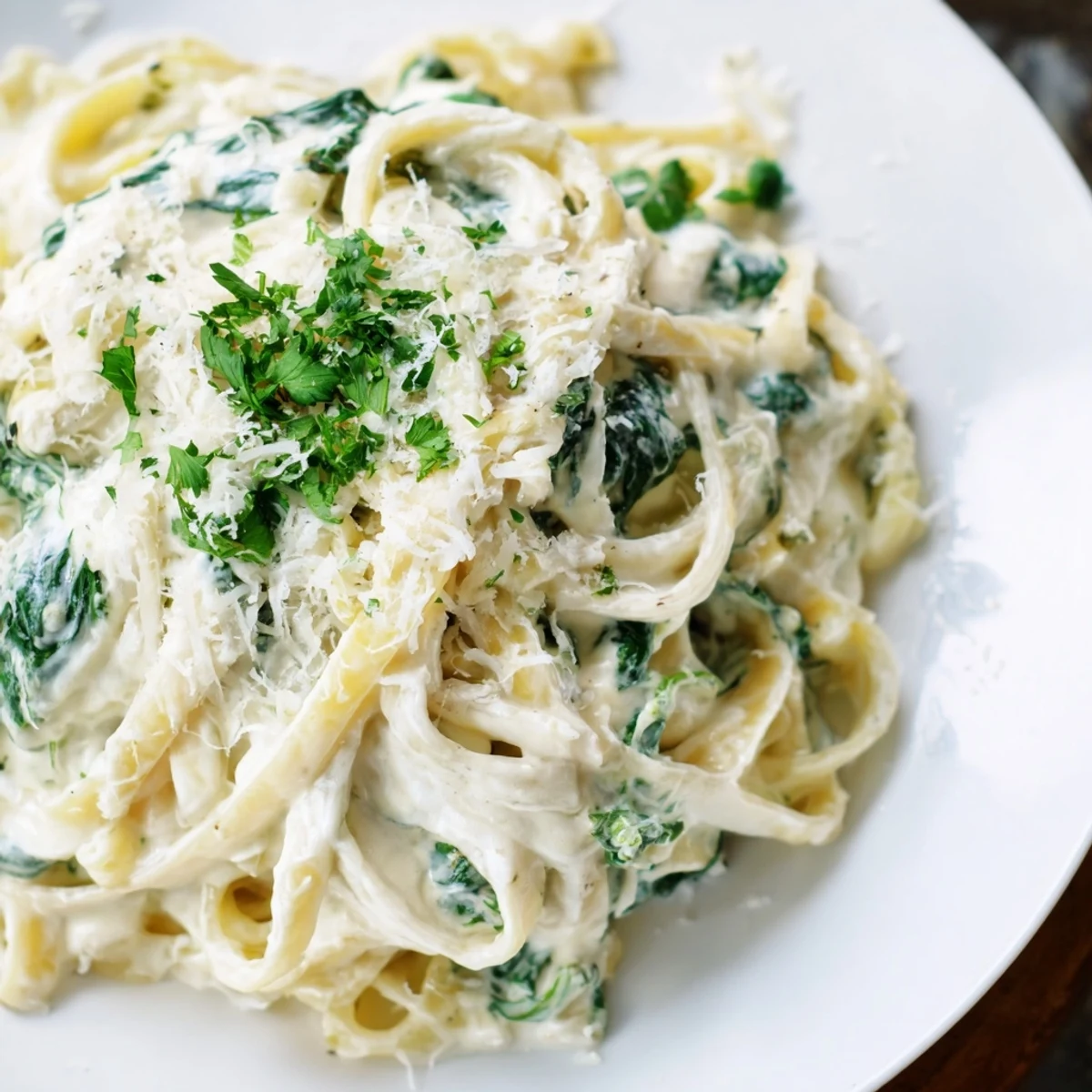 Fresh, vibrant green spinach complements the rich, cheesy Creamy Spinach Fettuccine Alfredo, served hot.