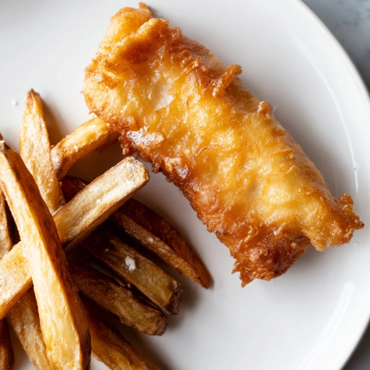 A plate of pub-style British Fish & Chips features crunchy battered cod with thick-cut, golden fries sprinkled with salt.