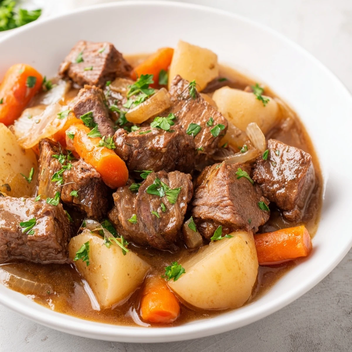Tender Irish Beef Stew, full of savory flavors, ready to warm you on a cold evening.
