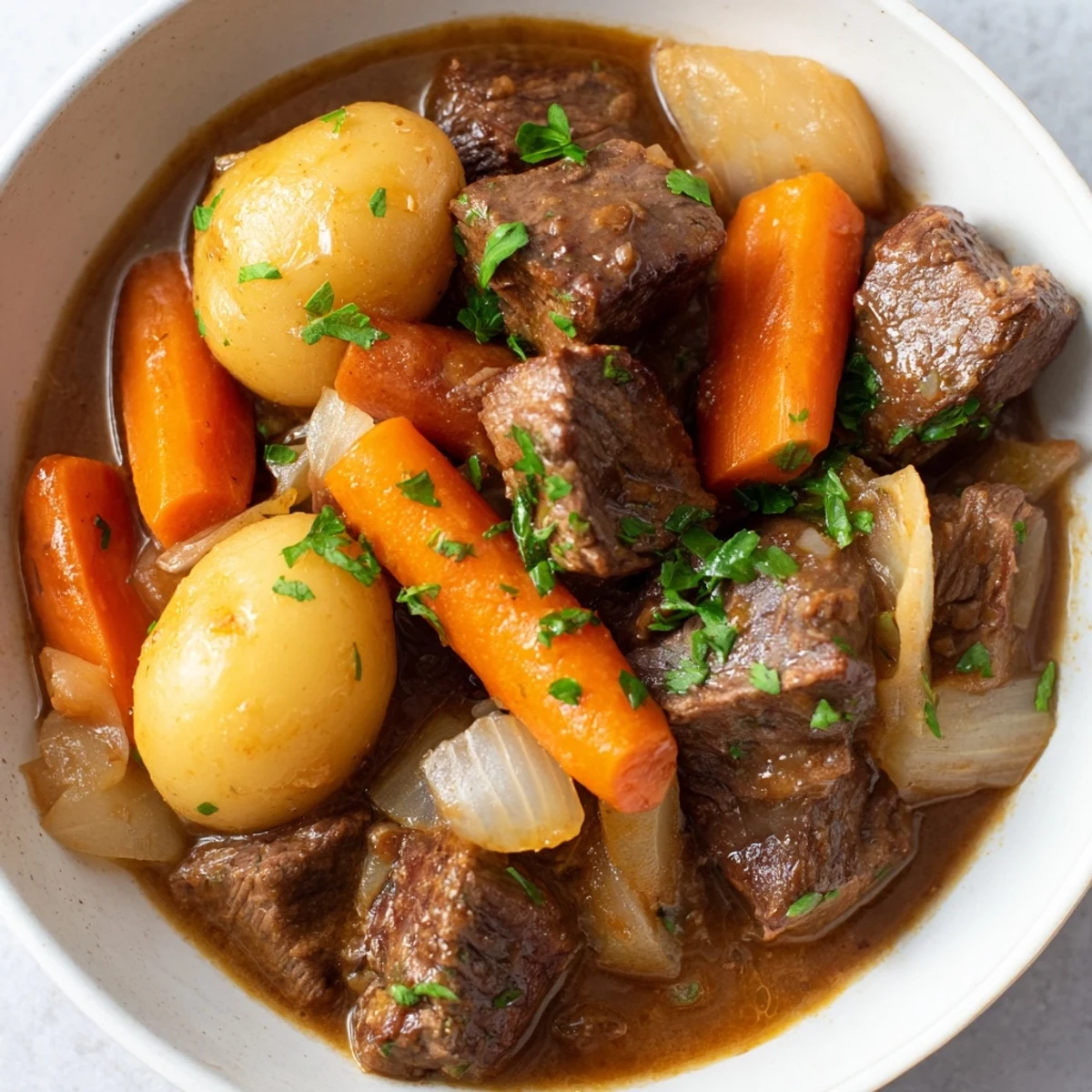 A steaming bowl of Irish Beef Stew, featuring hearty chunks of beef and vegetables.