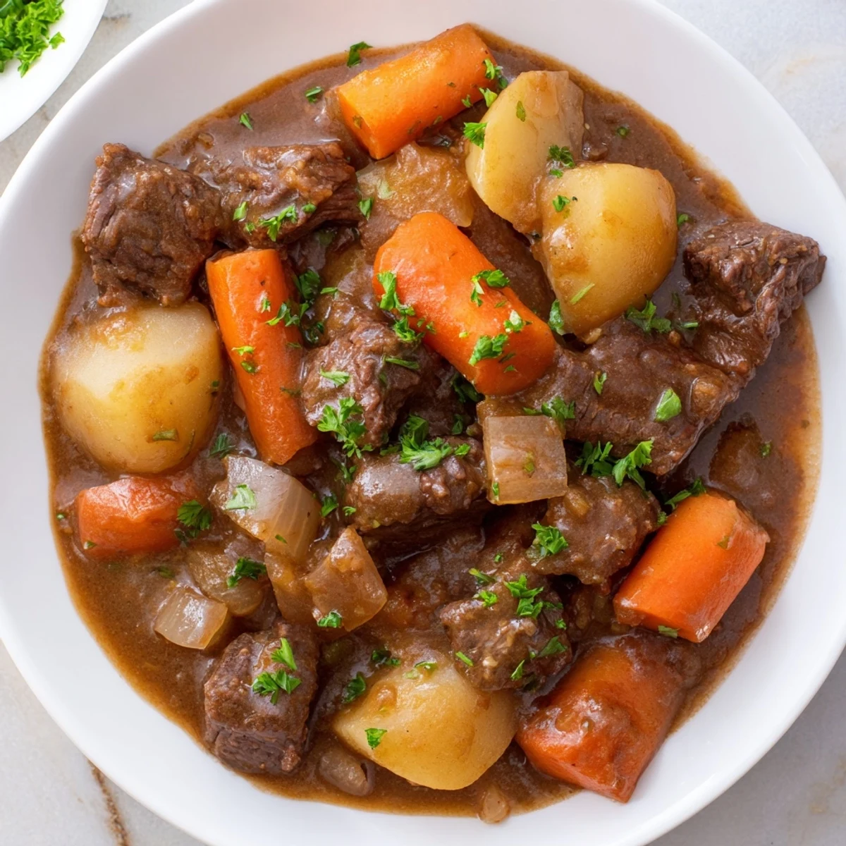 Golden parsley garnishes this slow-cooked, rich and complex Irish Beef Stew recipe.