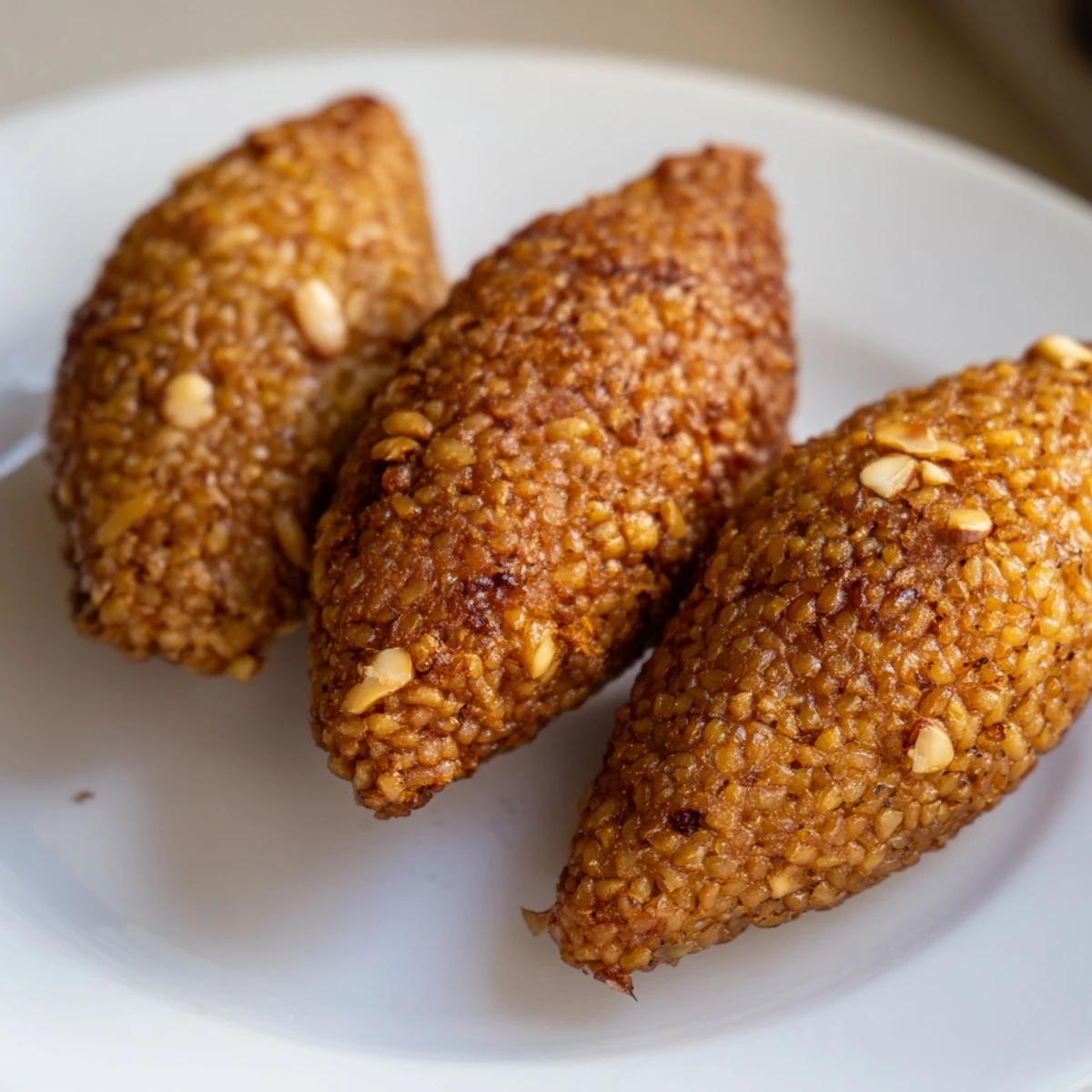 Golden-brown Lebanese Kibbeh, with a crispy crust and savory spiced meat filling, ready to serve.