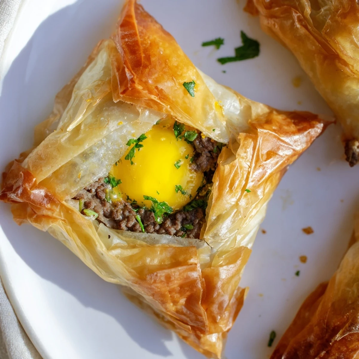 Golden, crispy Tunisian Brik pastry with a runny egg center and savory meat filling.