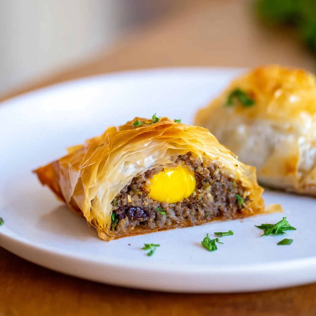 Close-up of a perfectly cooked Tunisian Brik, ready to enjoy with a squeeze of lemon.