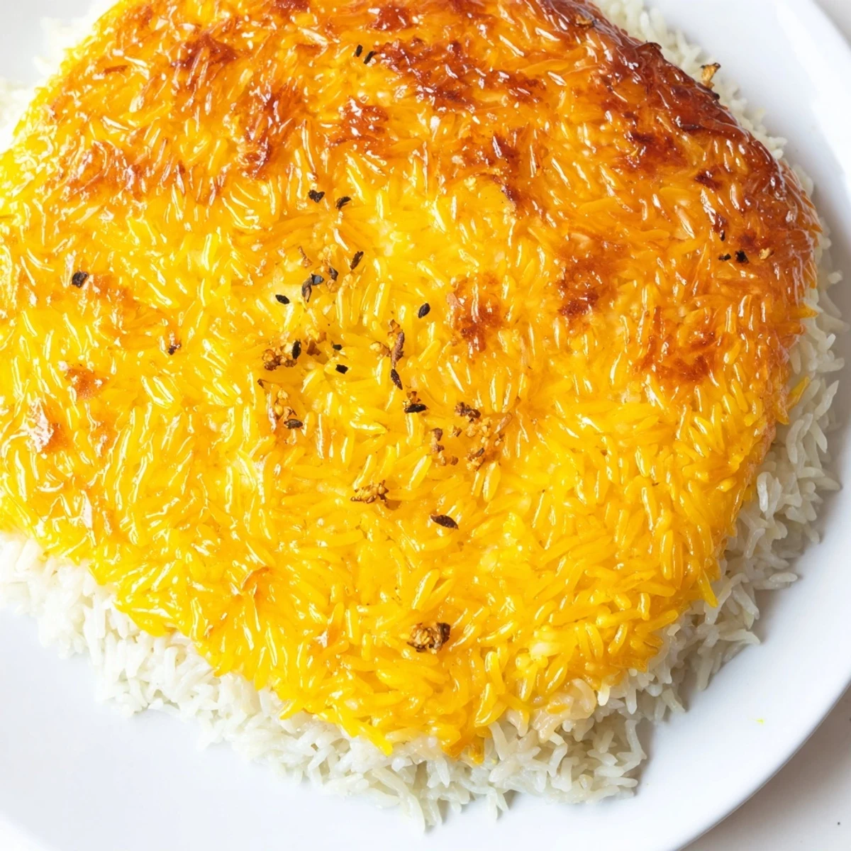 Golden, crispy Persian Tahdig rice with vibrant saffron aroma, perfect for a flavorful side dish.