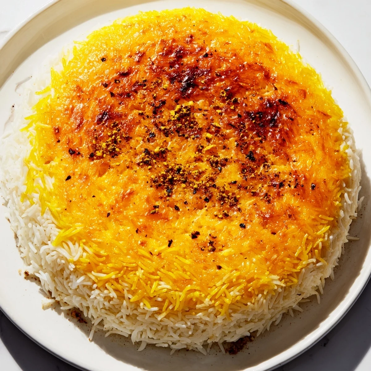 A close-up of finished Persian Tahdig rice: golden crust, fluffy rice, ready to serve with fragrant spices.