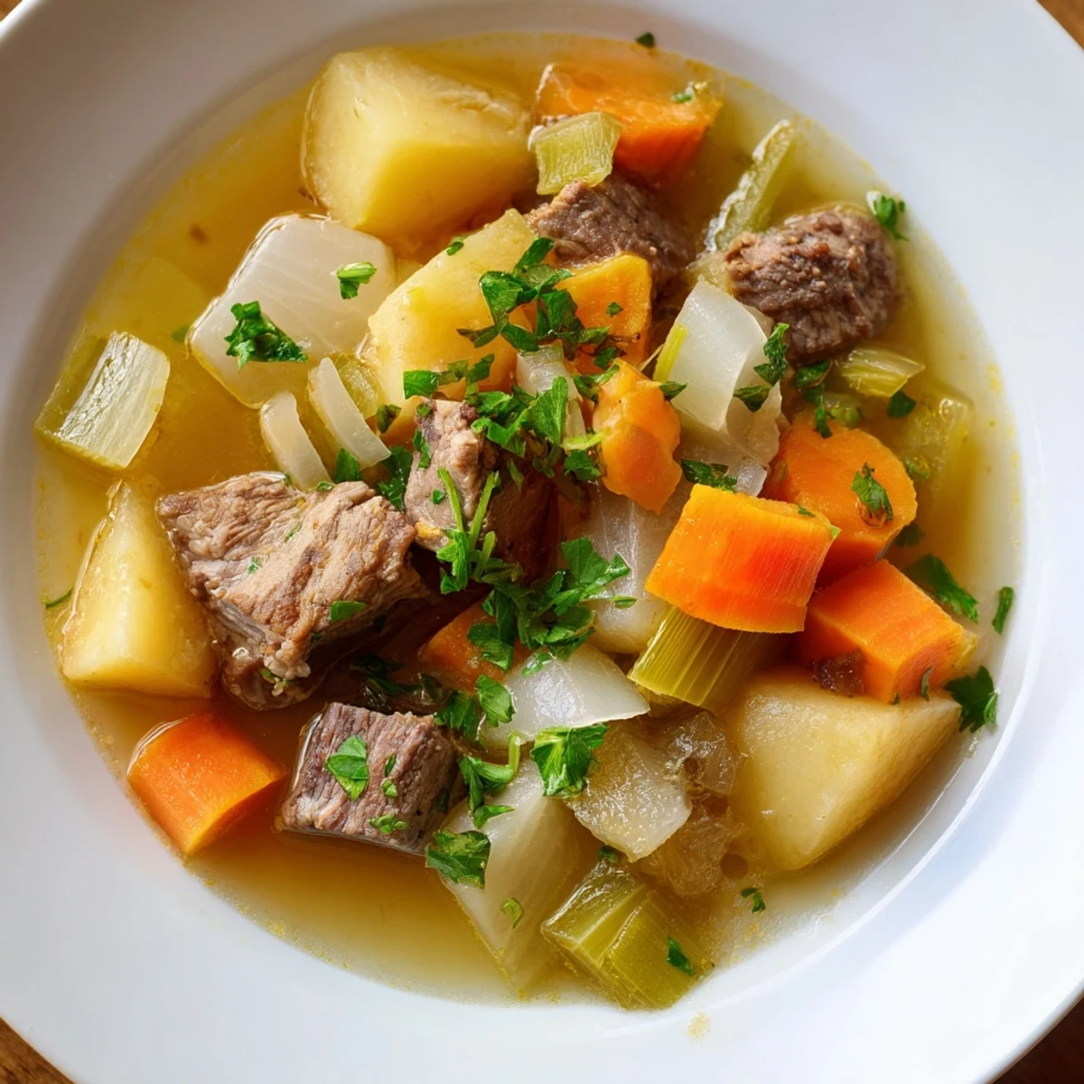 A steaming bowl of Welsh Cawl stew, with tender lamb and root vegetables; a comforting meal.