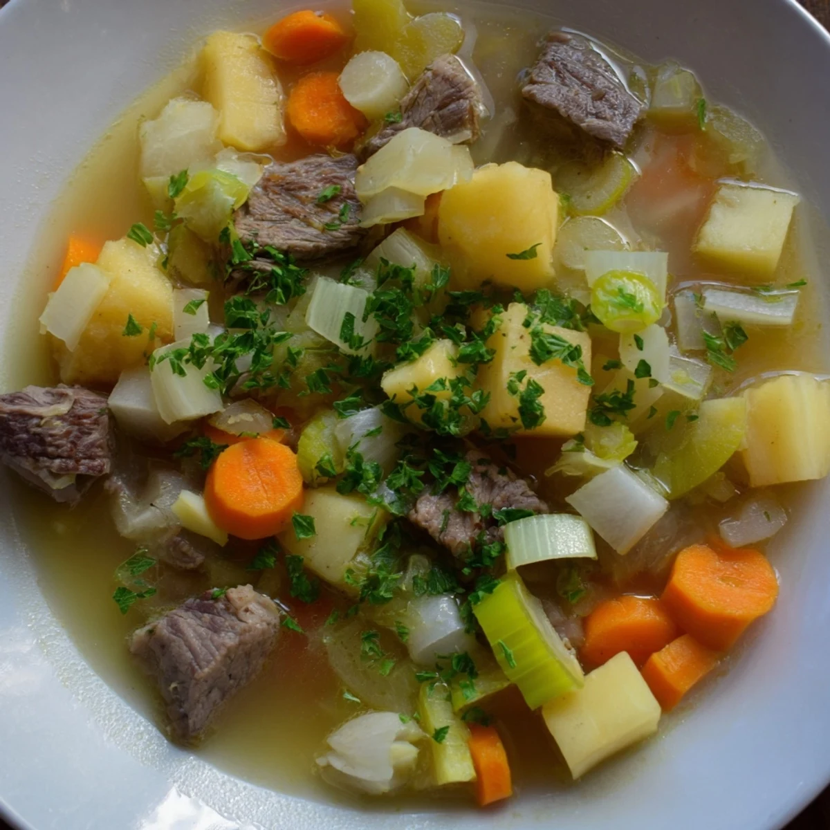 Hearty Welsh Cawl simmered to perfection, featuring chunks of lamb and fresh herbs, ready to serve.