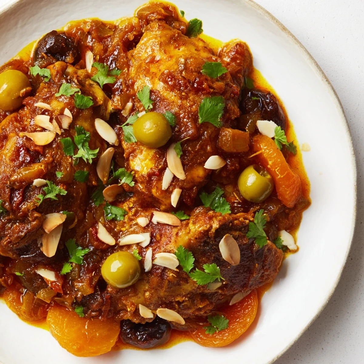 A delicious Moroccan Tagine Chicken with tender chicken, sweet apricots, and warm spices, ready to enjoy.