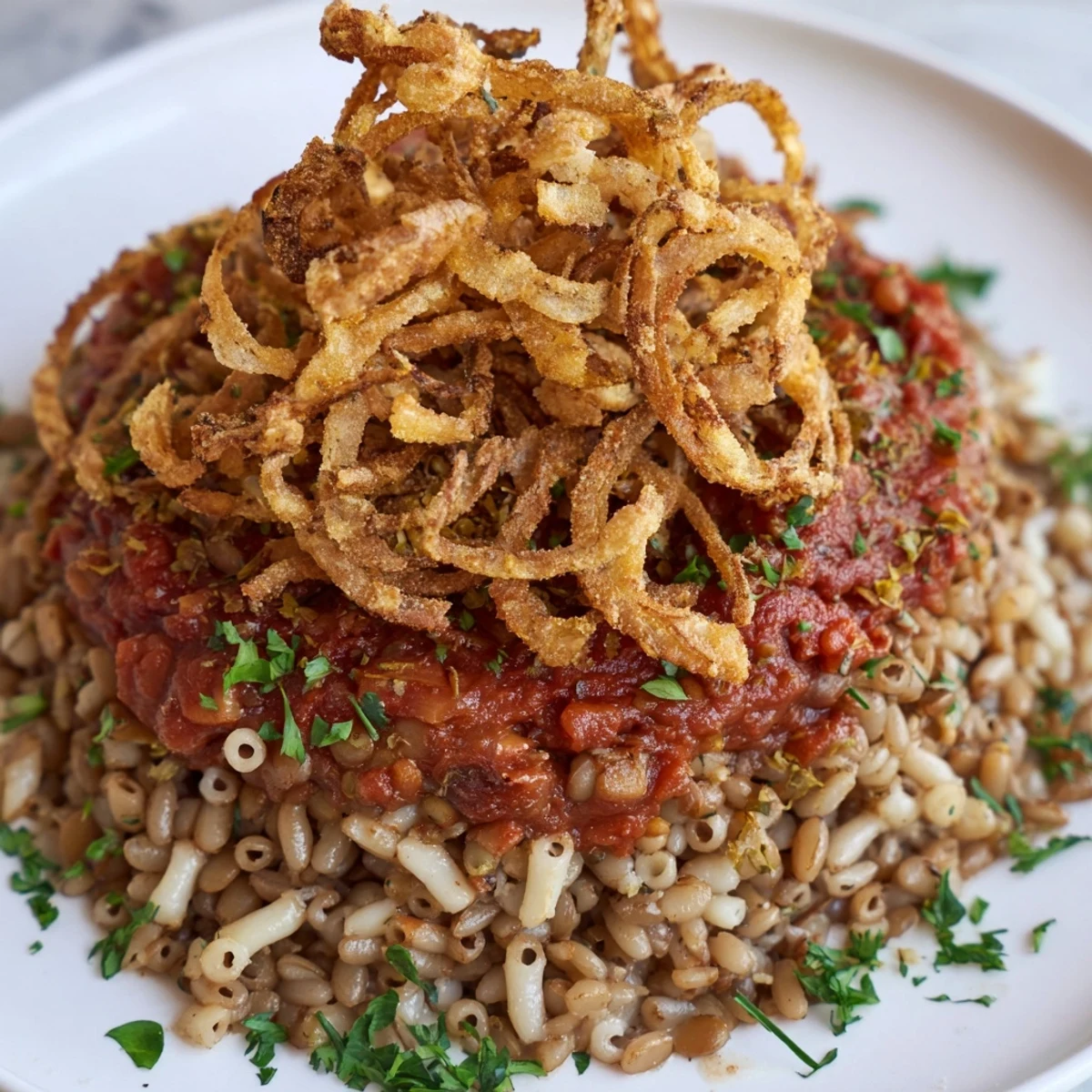 Warm, hearty Egyptian Koshari: a vibrant vegan dish of mixed grains and spiced tomatoes.