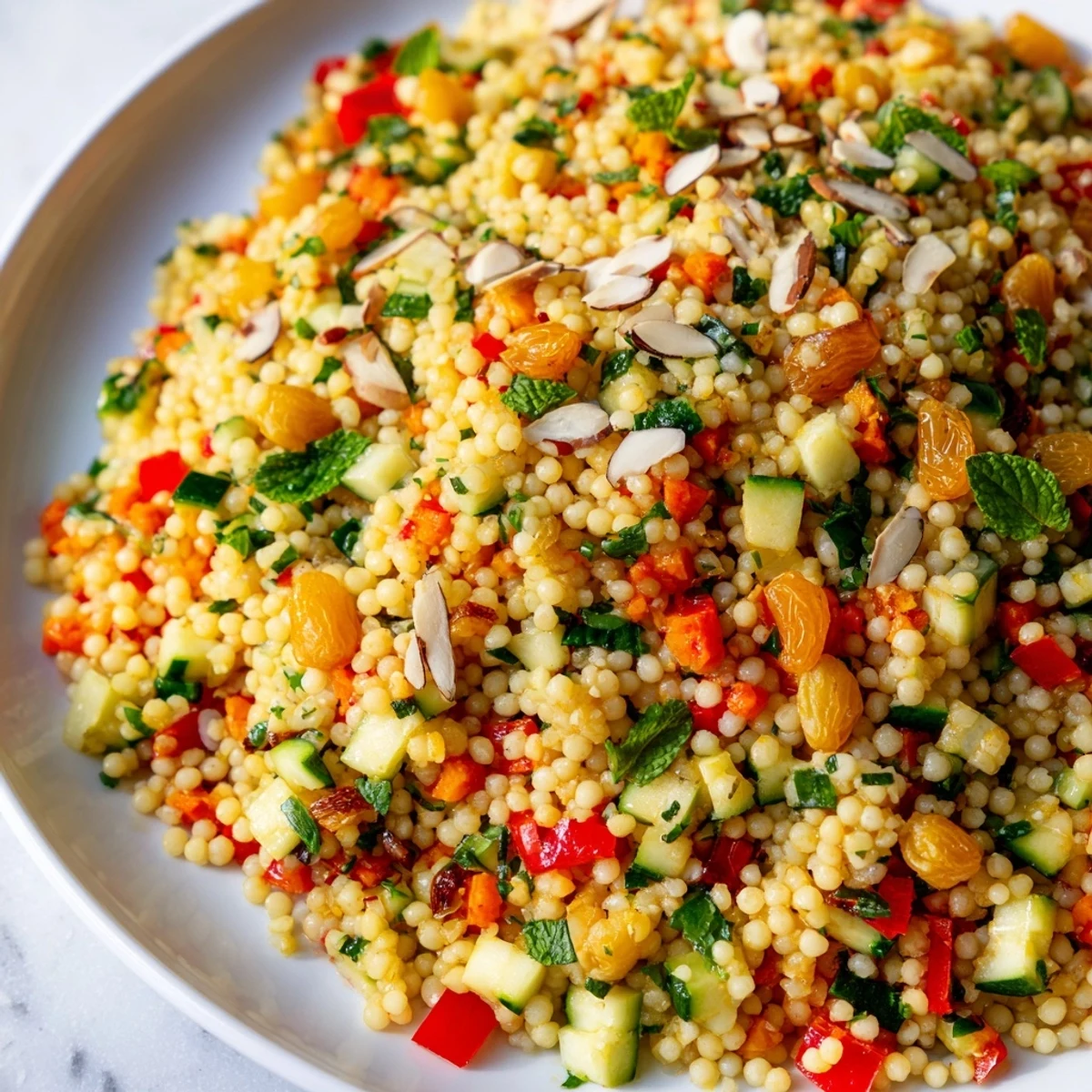 Fluffy Moroccan couscous salad with roasted golden vegetables, a perfect vegetarian lunch option.