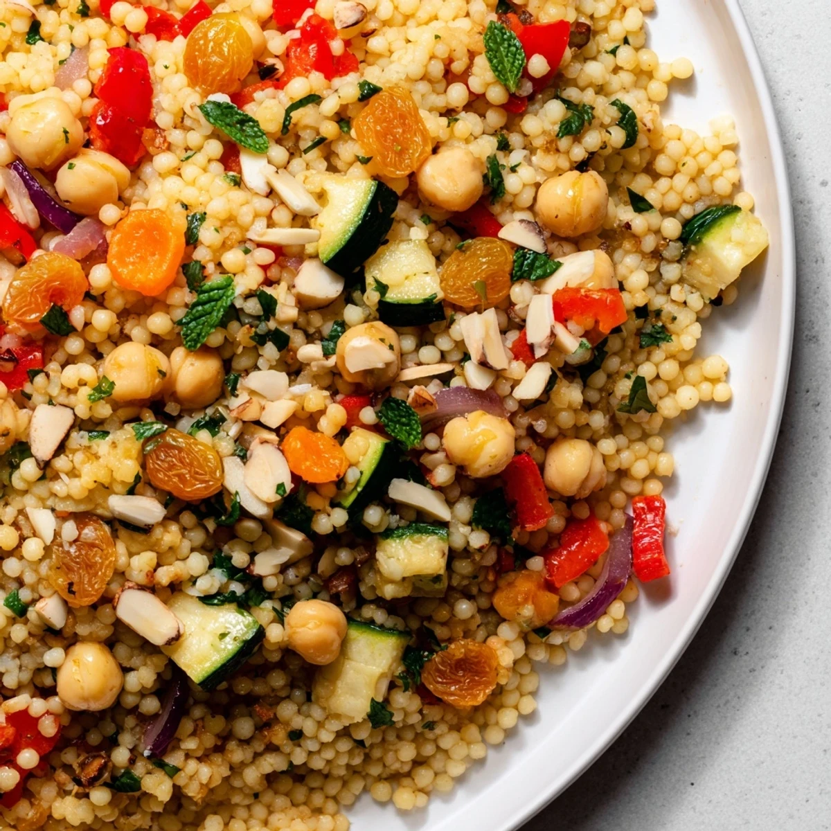 A close-up shot of bright and flavorful Moroccan couscous salad, ready to be served.