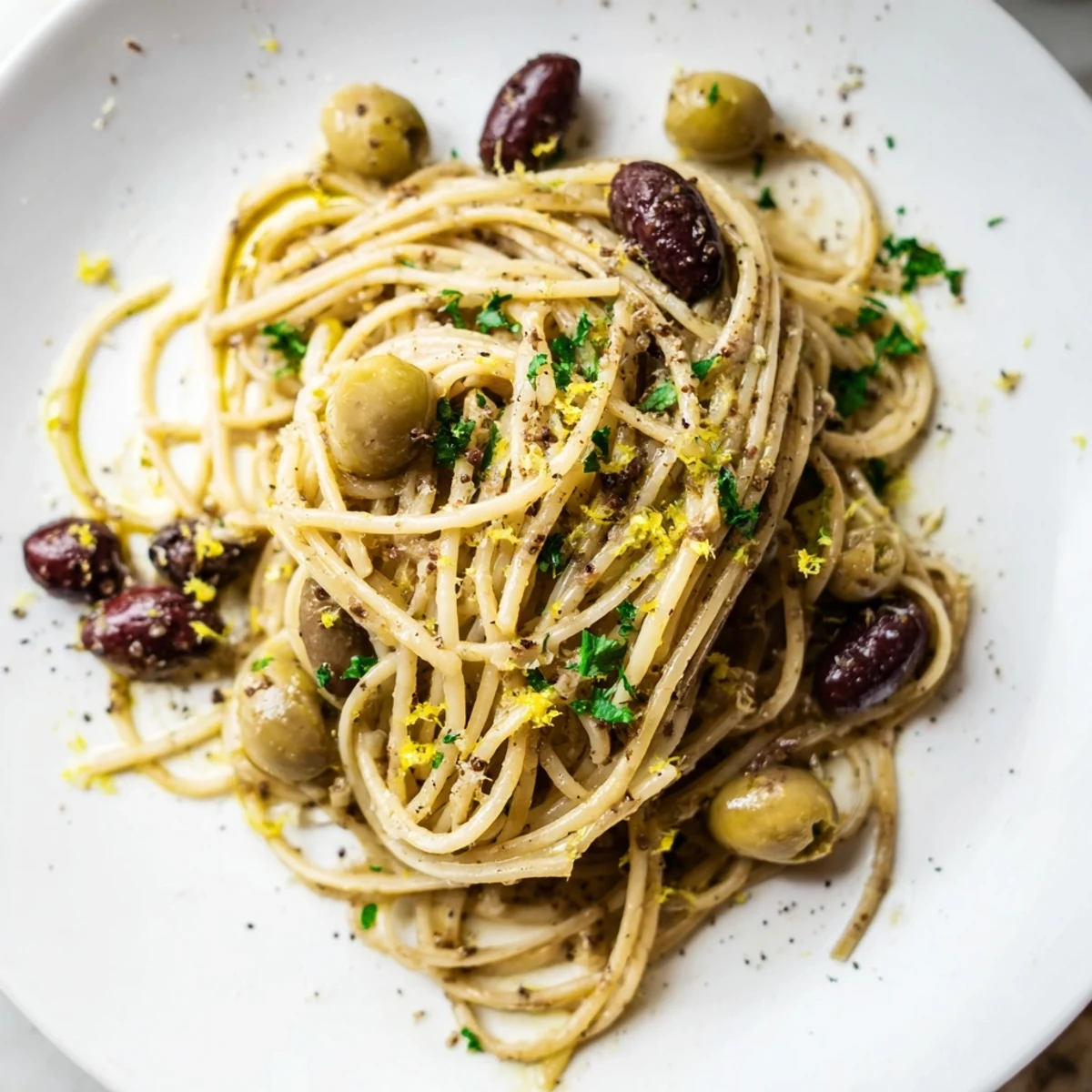 Savory olive tapenade pasta served in a white bowl, garnished with fresh parsley and lemon zest for a bright Mediterranean flavor.