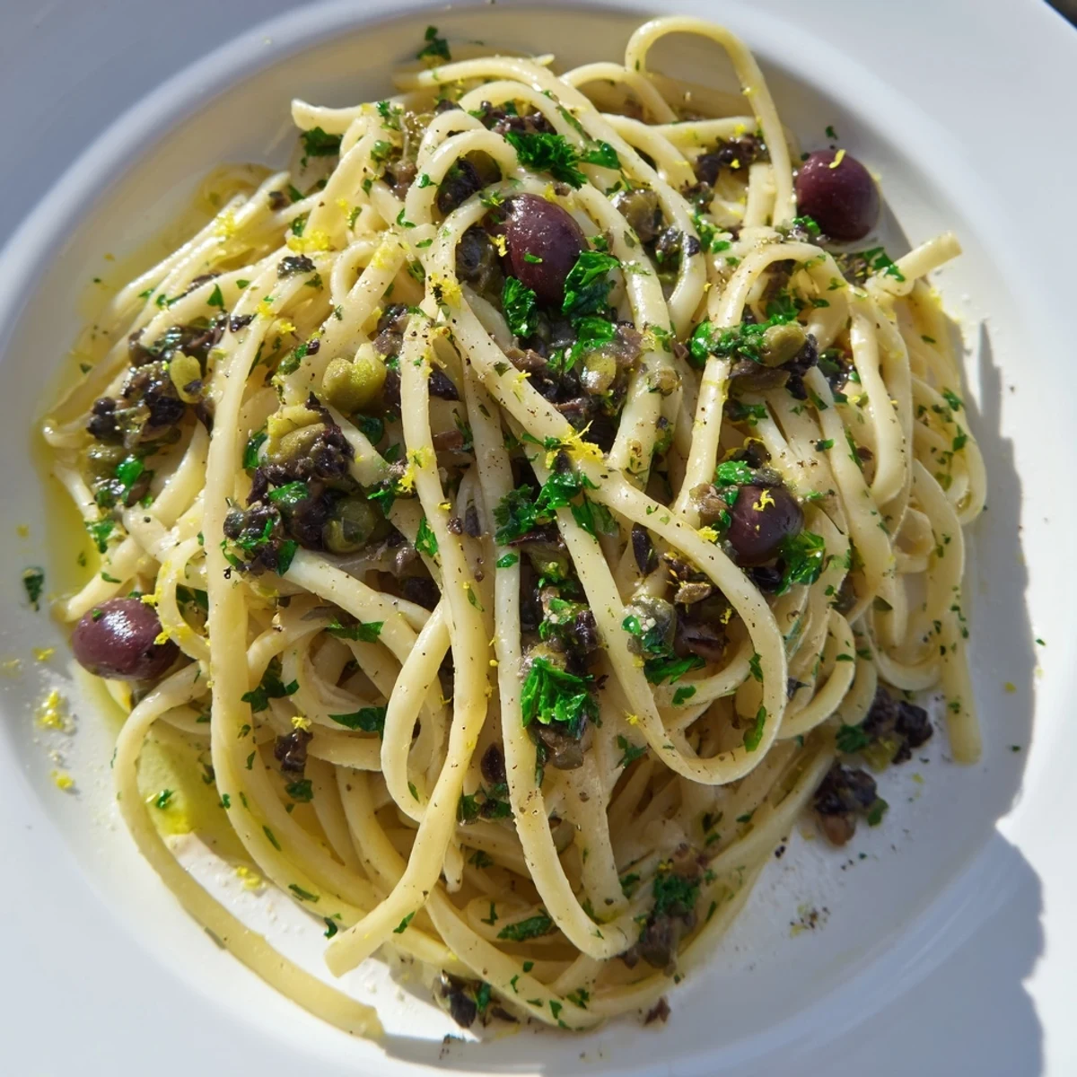 A warm skillet of olive tapenade pasta with al dente noodles and a chunky olive sauce, ready for a quick vegetarian dinner.