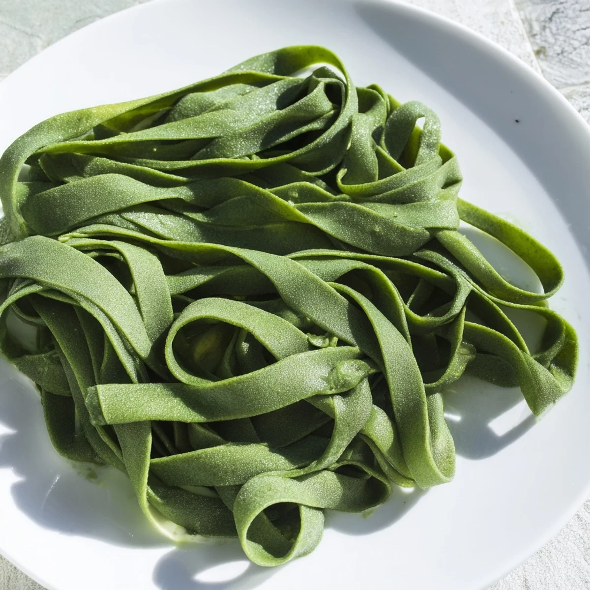 Fresh spinach pasta dough rolled out on a floured surface, ready for cutting into fettuccine.