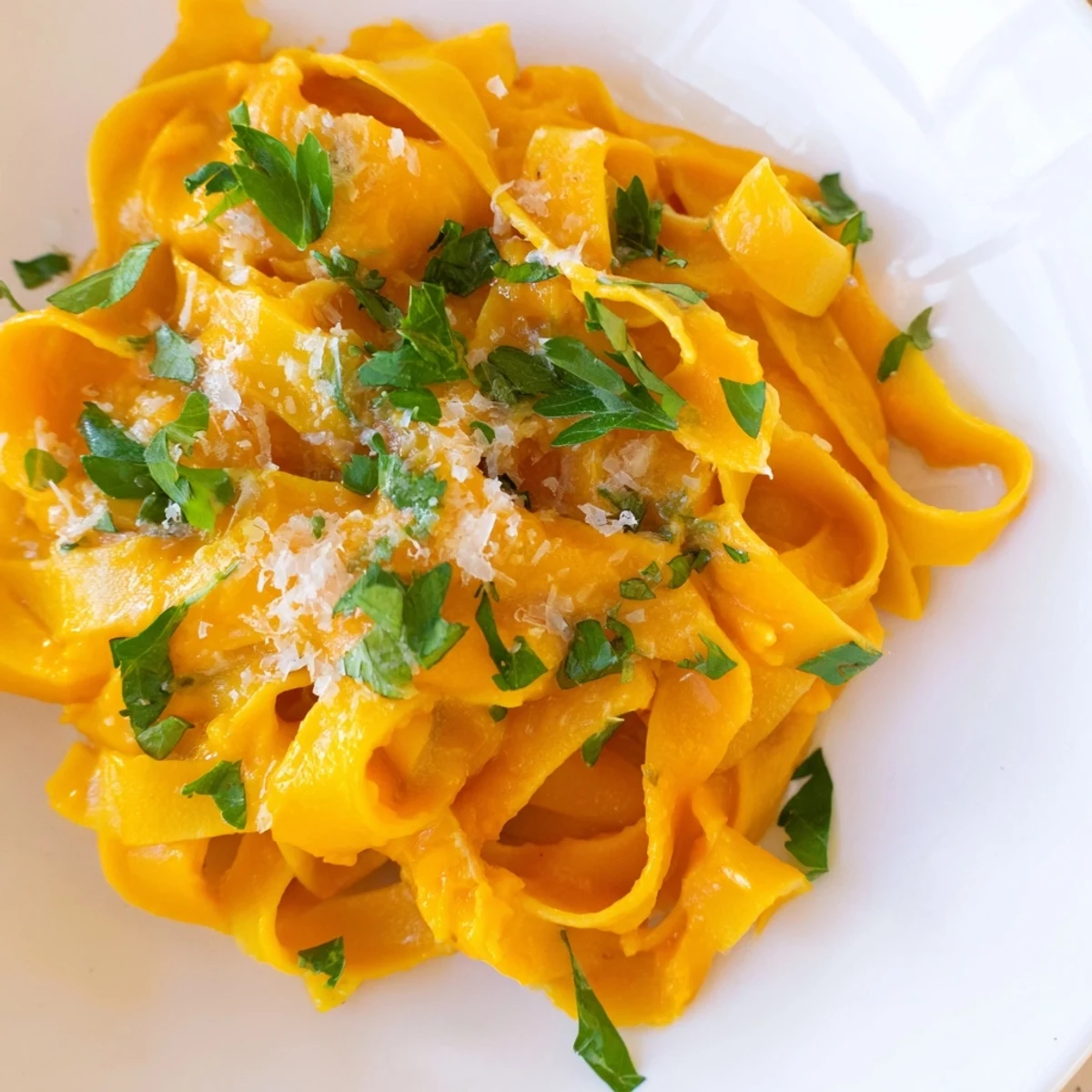 Golden roasted butternut squash pasta in a shallow bowl, topped with fresh sage and a light dusting of Parmesan cheese.