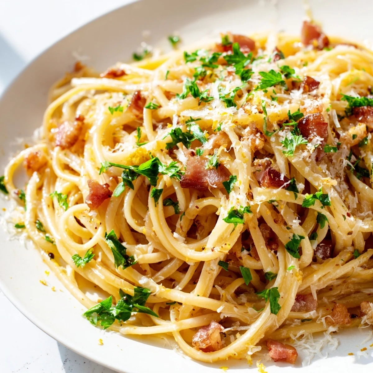 Fork-twirled crispy bacon linguine glistening with garlic and Parmesan, served hot from the skillet.