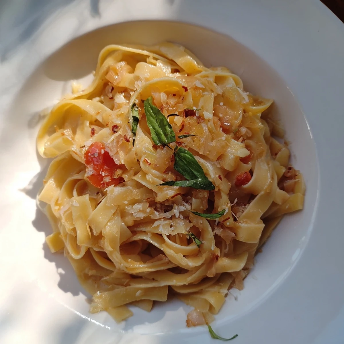 Roasted Garlic Pasta Sauce served in a bowl, featuring al dente spaghetti coated in a creamy, golden sauce with fresh basil garnish.  