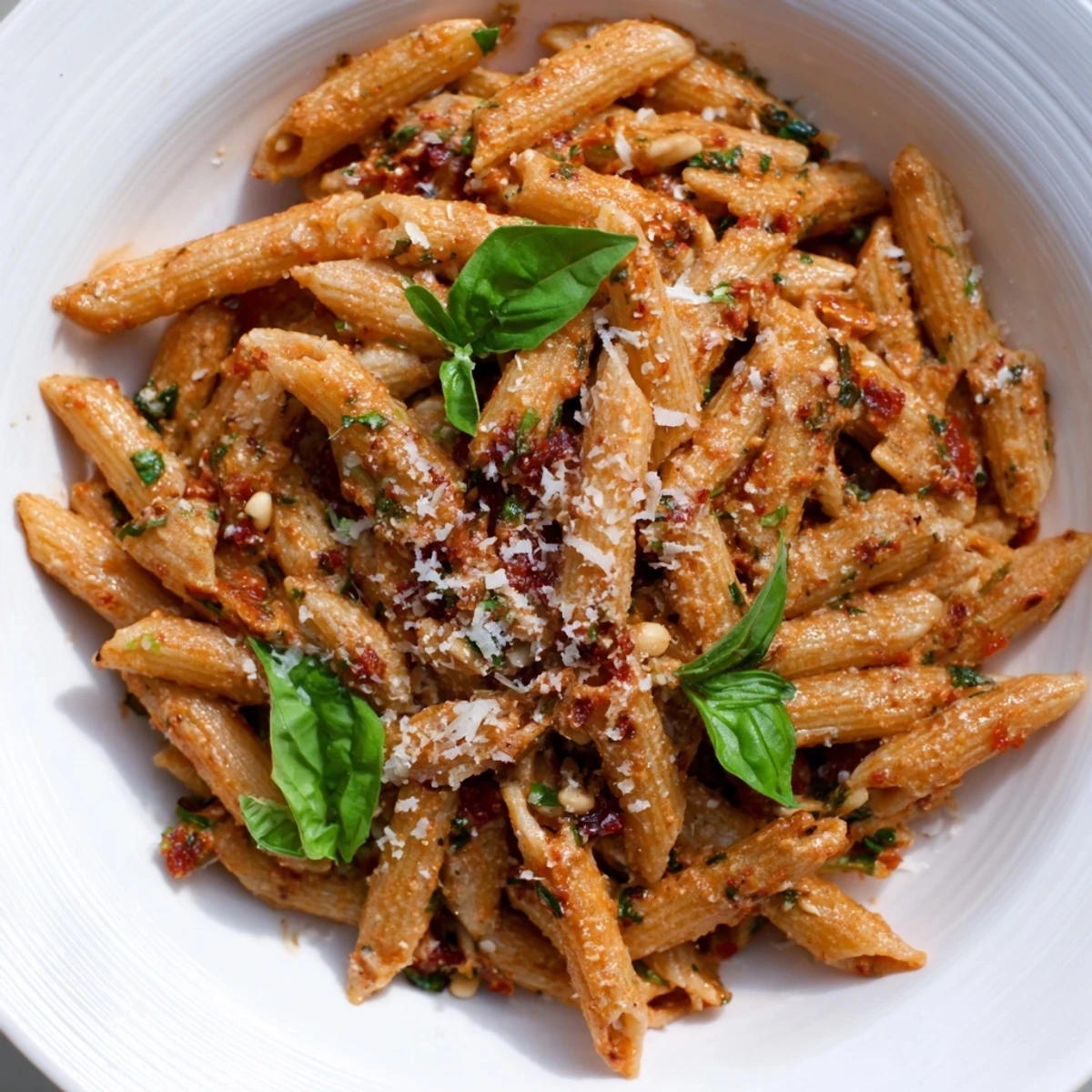 Steaming bowls of Sun-Dried Tomato Pesto Pasta glisten with a rich, vibrant red sauce, garnished with fresh basil and grated Parmesan.  