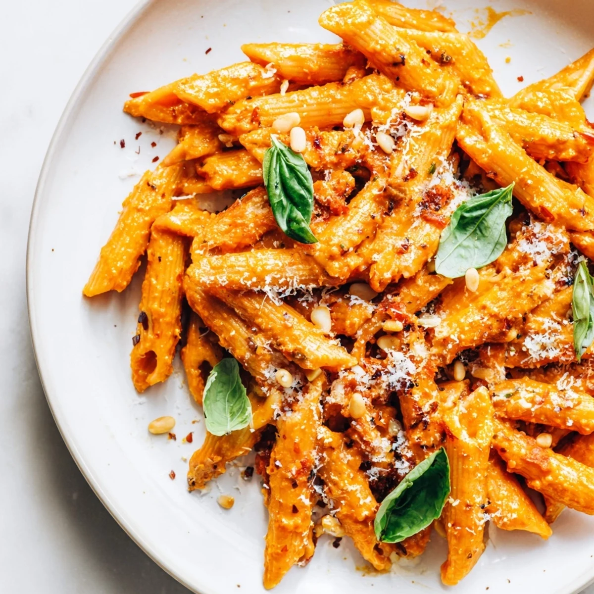 A close-up shot of Sun-Dried Tomato Pesto Pasta highlights the tender penne noodles coated in the savory, herb-packed pesto.  