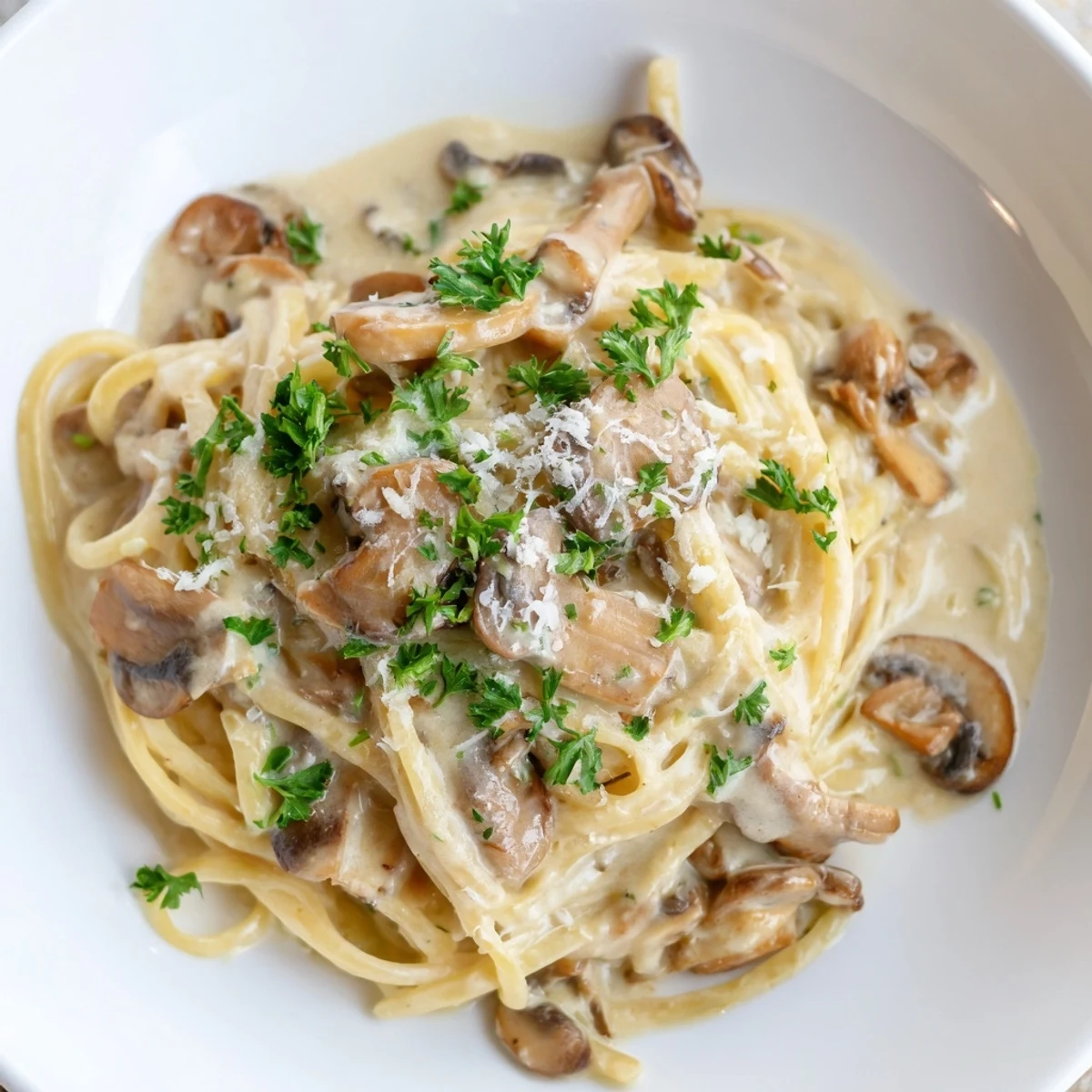 Creamy Mushroom Linguine served warm in a bowl, showcasing golden sautéed mushrooms and silky pasta.  