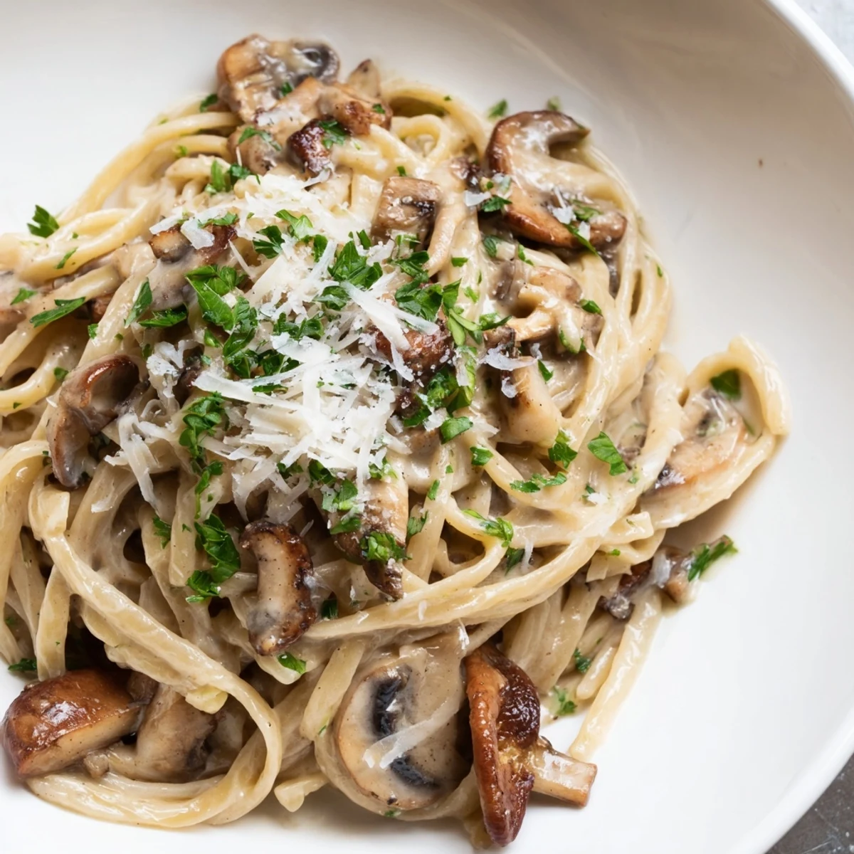 A close-up of Creamy Mushroom Linguine with parsley garnish, highlighting its light, luscious sauce.  
