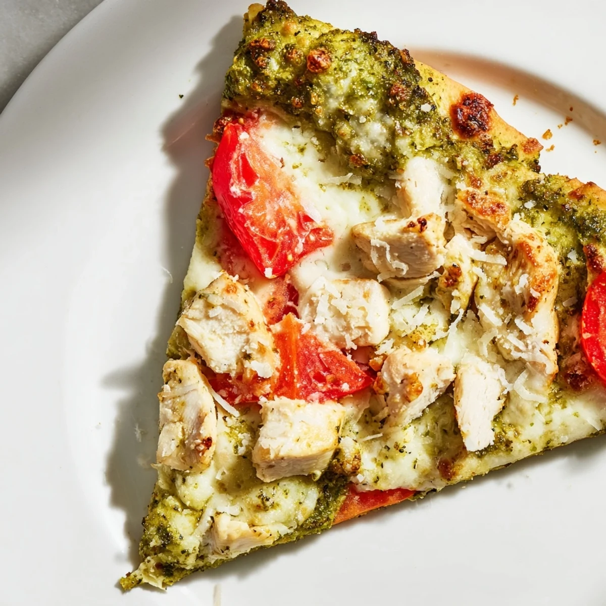 A close-up of a golden, thin-crust Chicken Pesto Pizza topped with vibrant green basil pesto, tender shredded chicken, melted mozzarella, and fresh tomato slices.