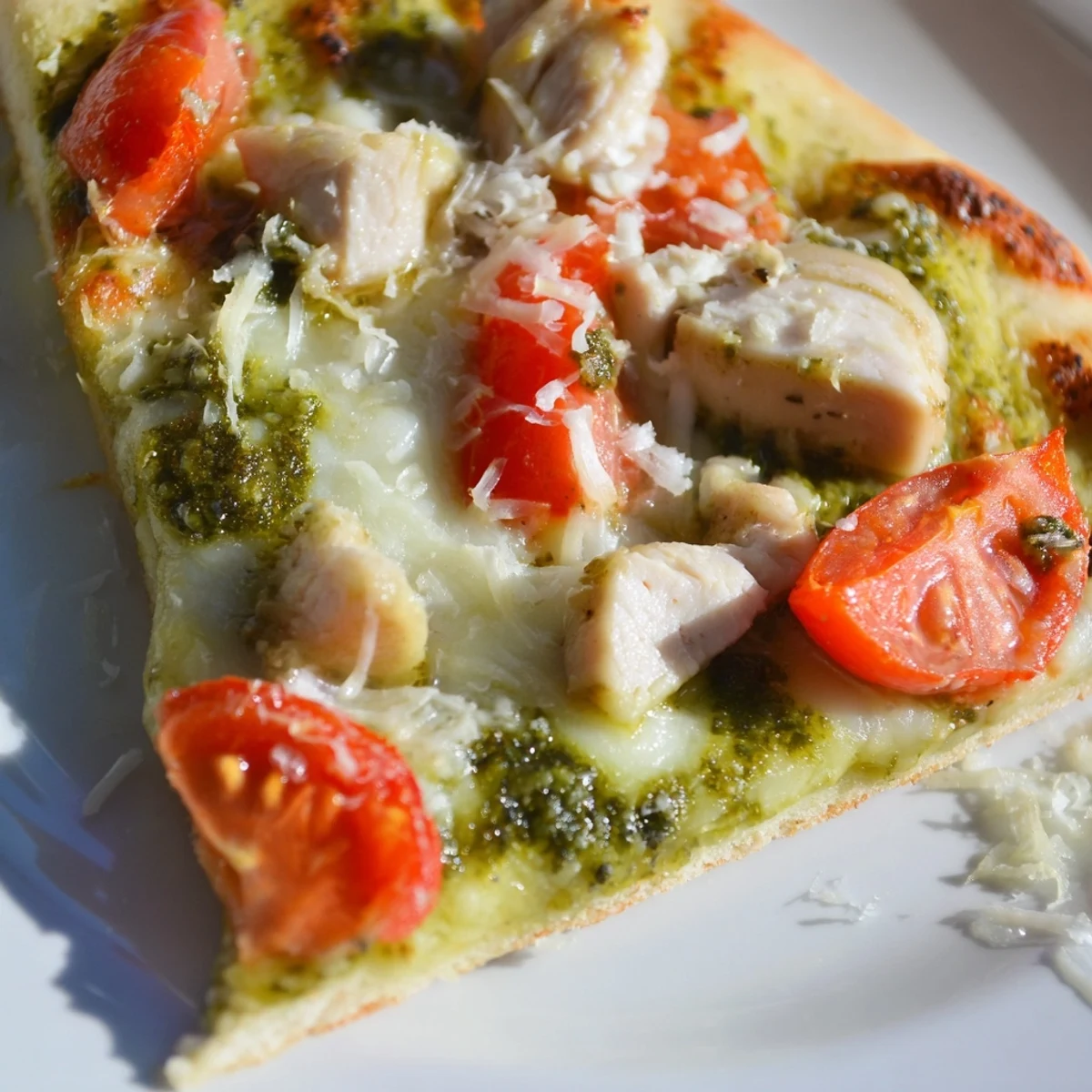 Freshly baked Chicken Pesto Pizza on a parchment-lined tray, featuring a crispy crust layered with aromatic pesto, seasoned chicken, and a sprinkle of Parmesan.
