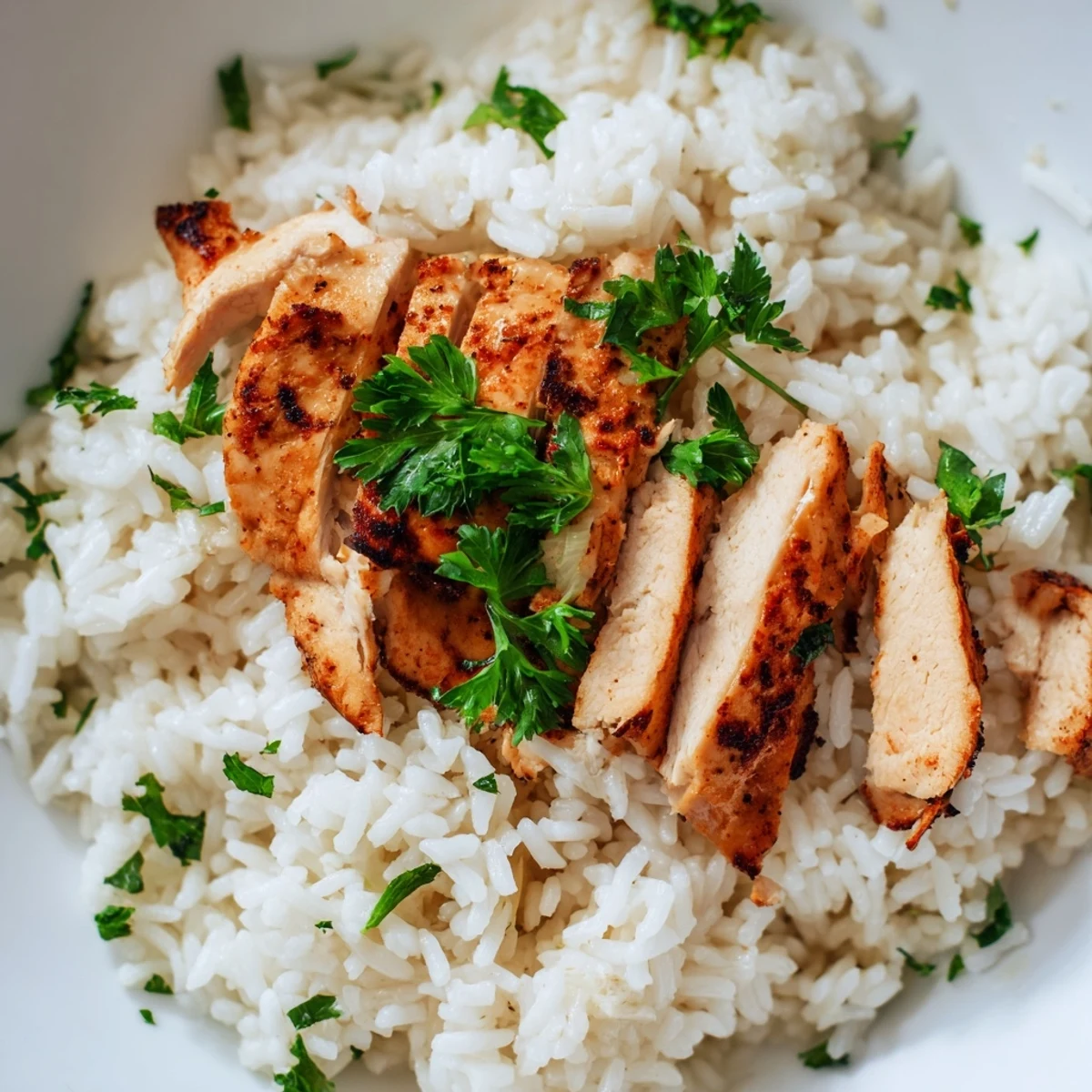 Fluffy garlic butter rice topped with juicy grilled chicken breast garnished with fresh parsley and lemon wedges.