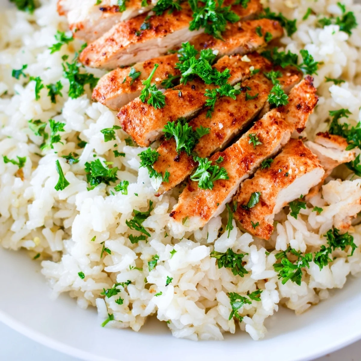 Sliced grilled chicken breast resting on fluffy garlic butter rice with a side of lemon wedges and fresh parsley.