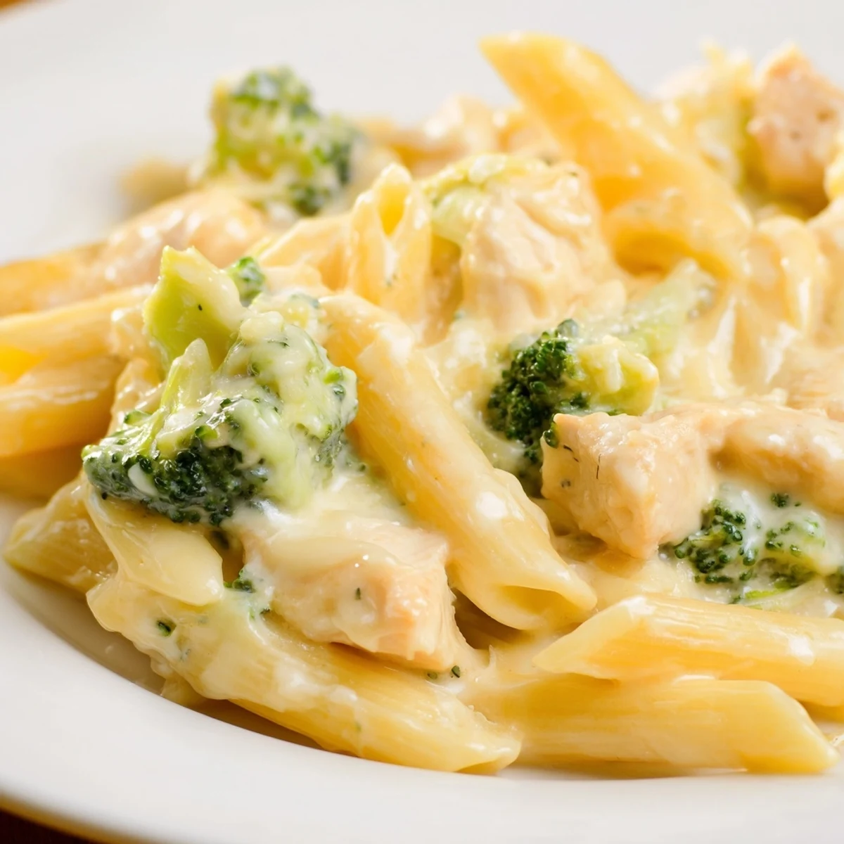 Tender chicken and fresh broccoli florets in a creamy cheddar sauce tossed with penne pasta, perfect for a cozy family dinner.  