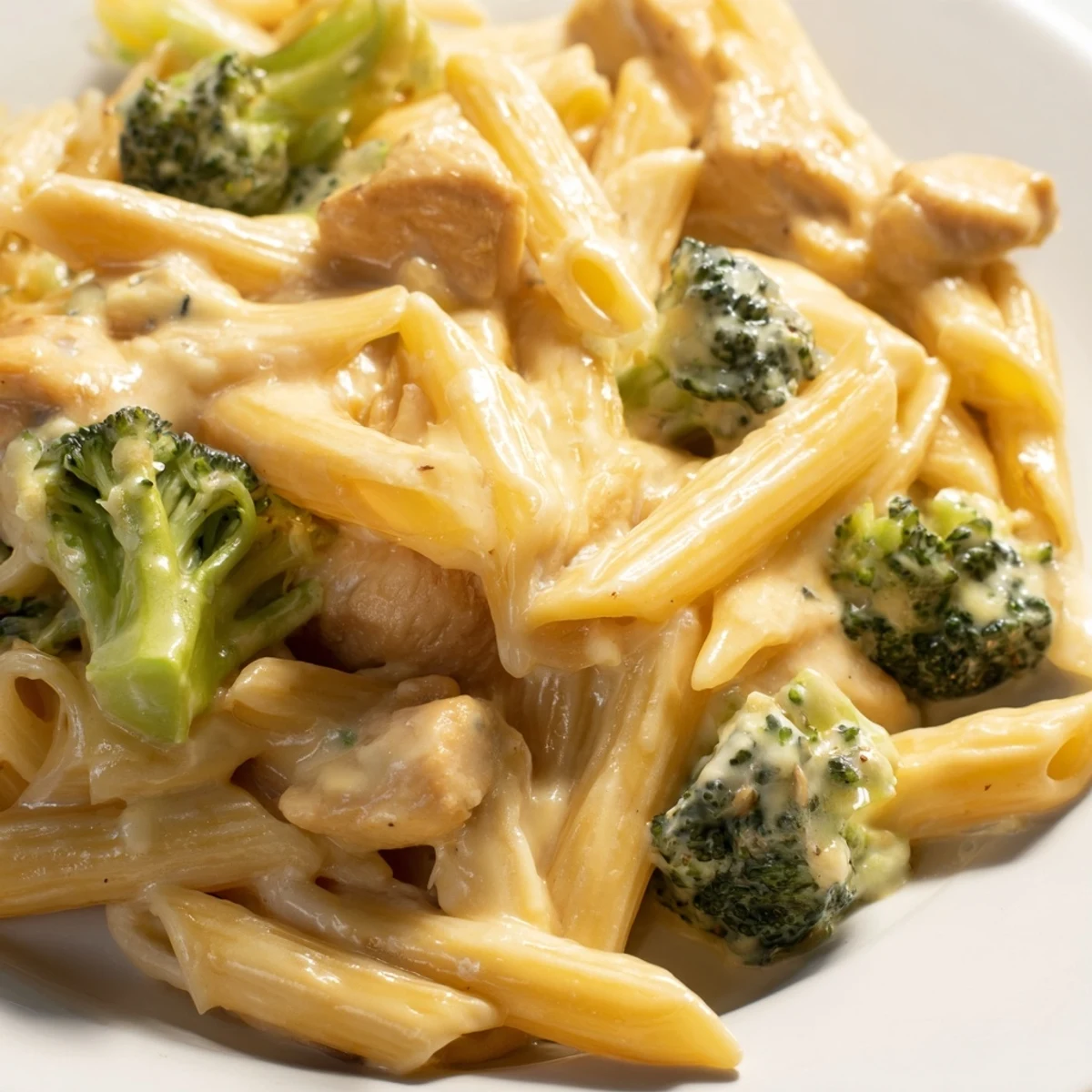 A steaming skillet of Chicken Broccoli Cheddar Pasta featuring golden chicken pieces, bright green broccoli, and melted cheese sauce.  
