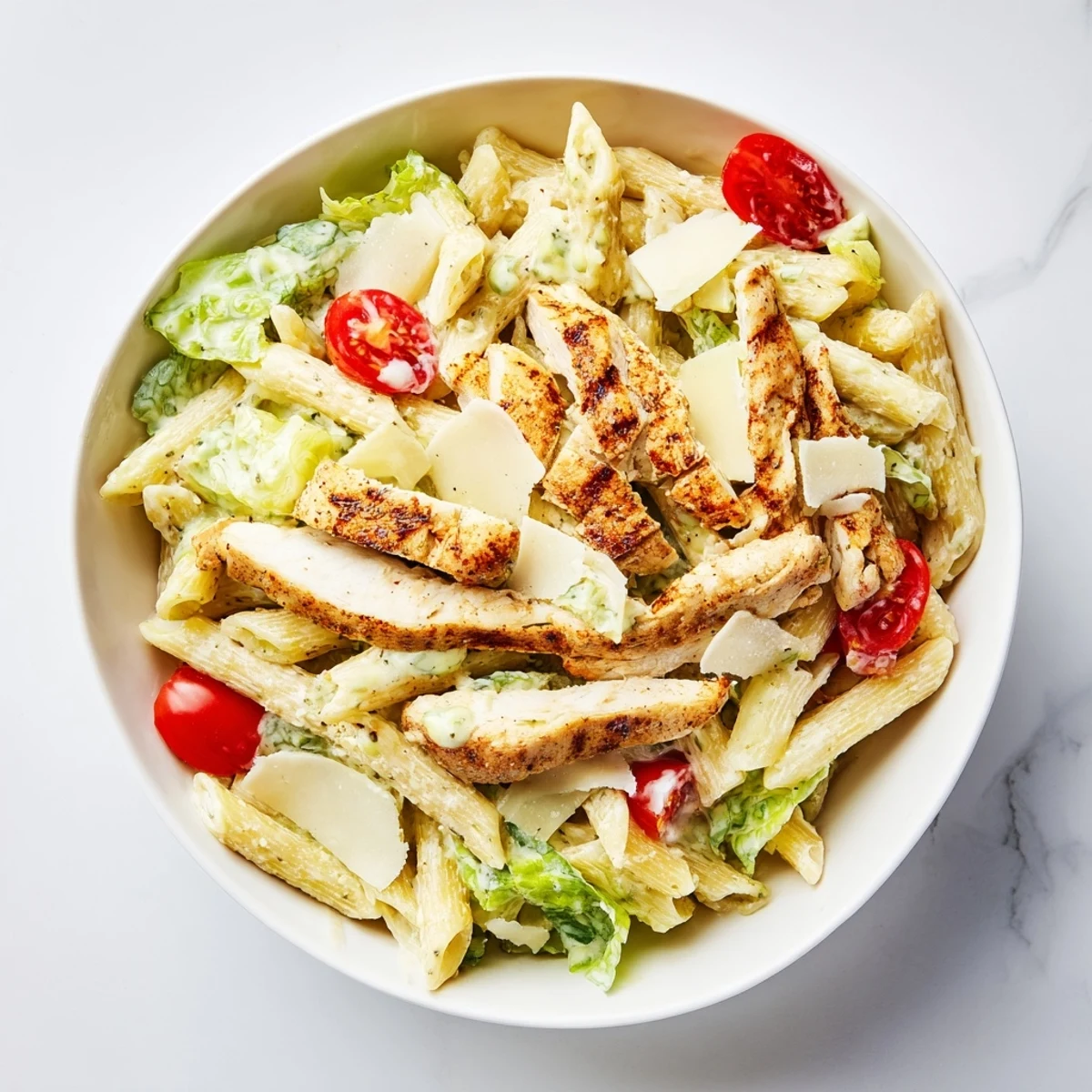 A vibrant bowl of Spicy Chicken Caesar Pasta features grilled chicken, crisp romaine, and creamy Caesar dressing over penne.
