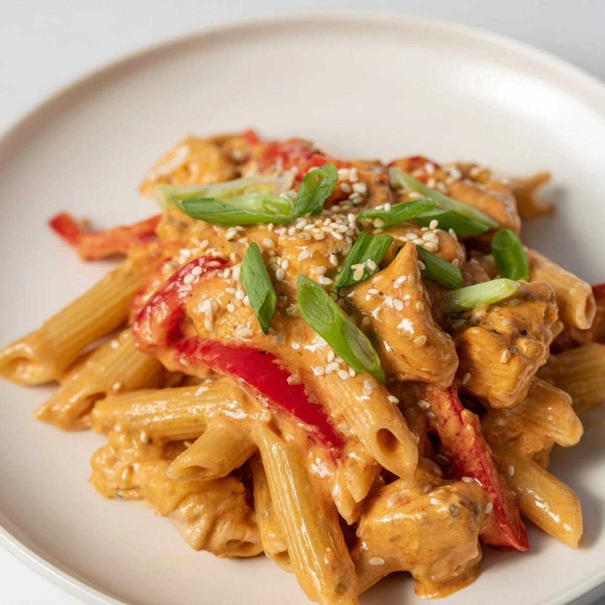 Steaming Sweet Chili Chicken Pasta in a creamy sauce, featuring tender chicken, red bell peppers, and fresh spring onions, served in a white bowl.