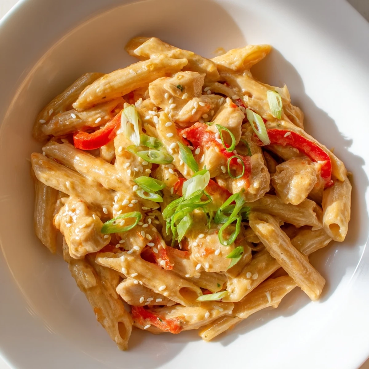 Garnished with cilantro and sesame seeds, this vibrant Sweet Chili Chicken Pasta dish offers a perfect balance of rich, sweet, and spicy flavors.