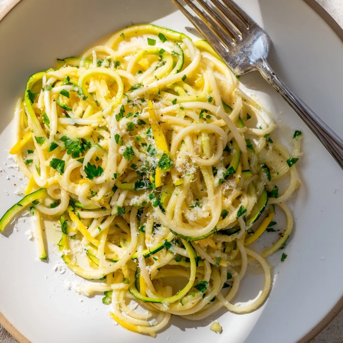 A vibrant skillet of Lemon Zucchini Pasta glows with lemon zest, chopped parsley, and silky butter sauce, ready to serve.
