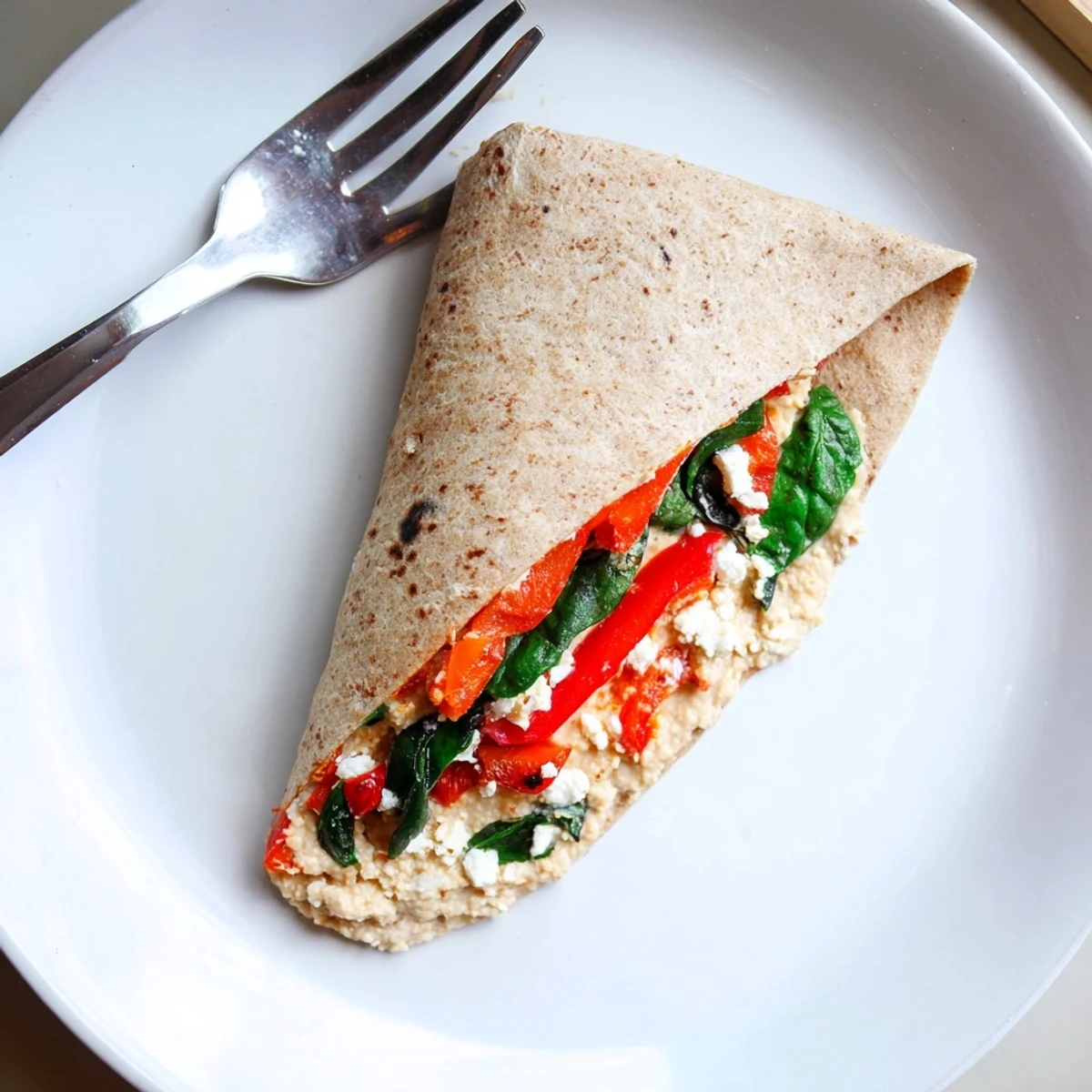 Fresh Mediterranean Veggie Wrap with creamy hummus, roasted red peppers, and feta cheese on a soft tortilla.
