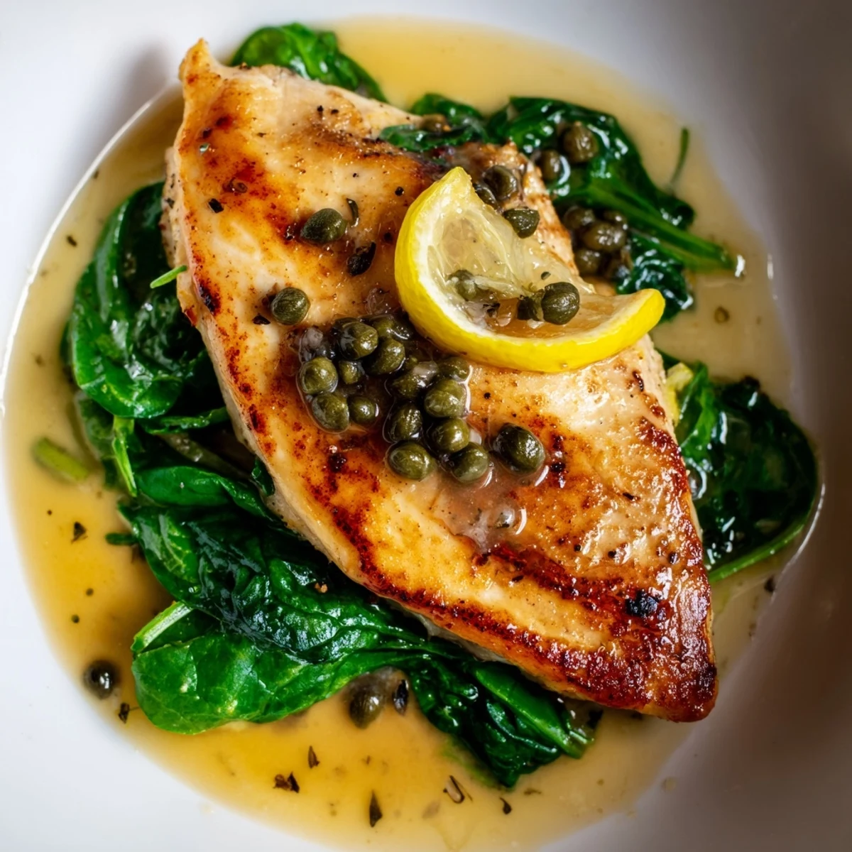 Golden-brown Spinach Lemon Butter Chicken cutlets resting on wilted spinach, drizzled with a bright lemon-butter sauce.